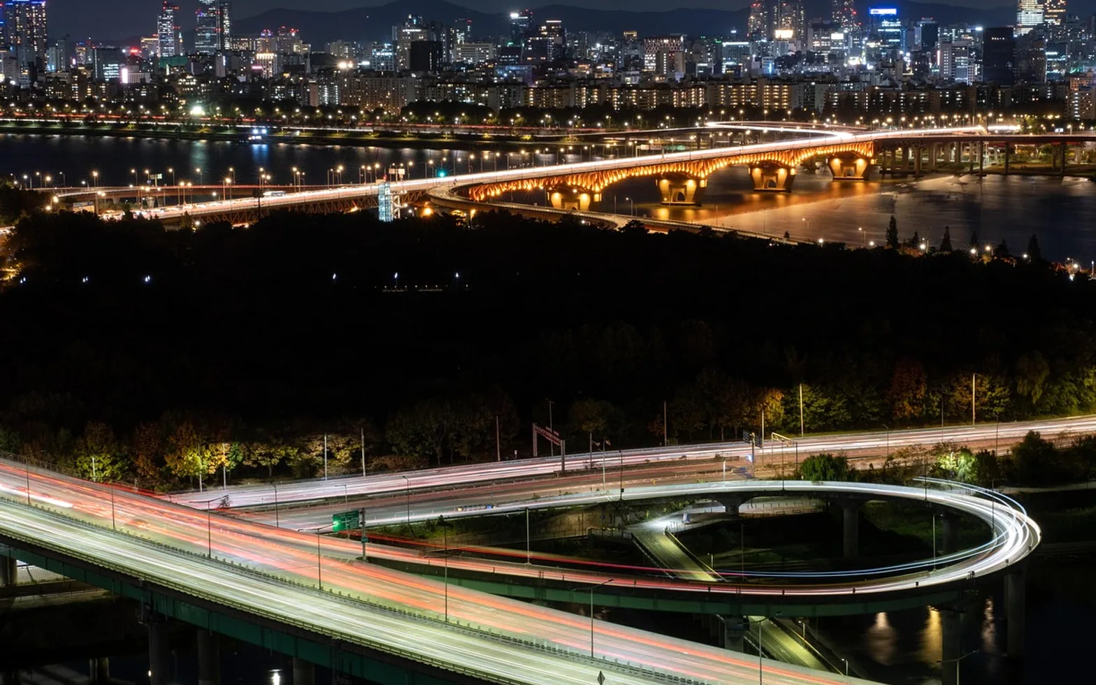 Night view, bridge and river