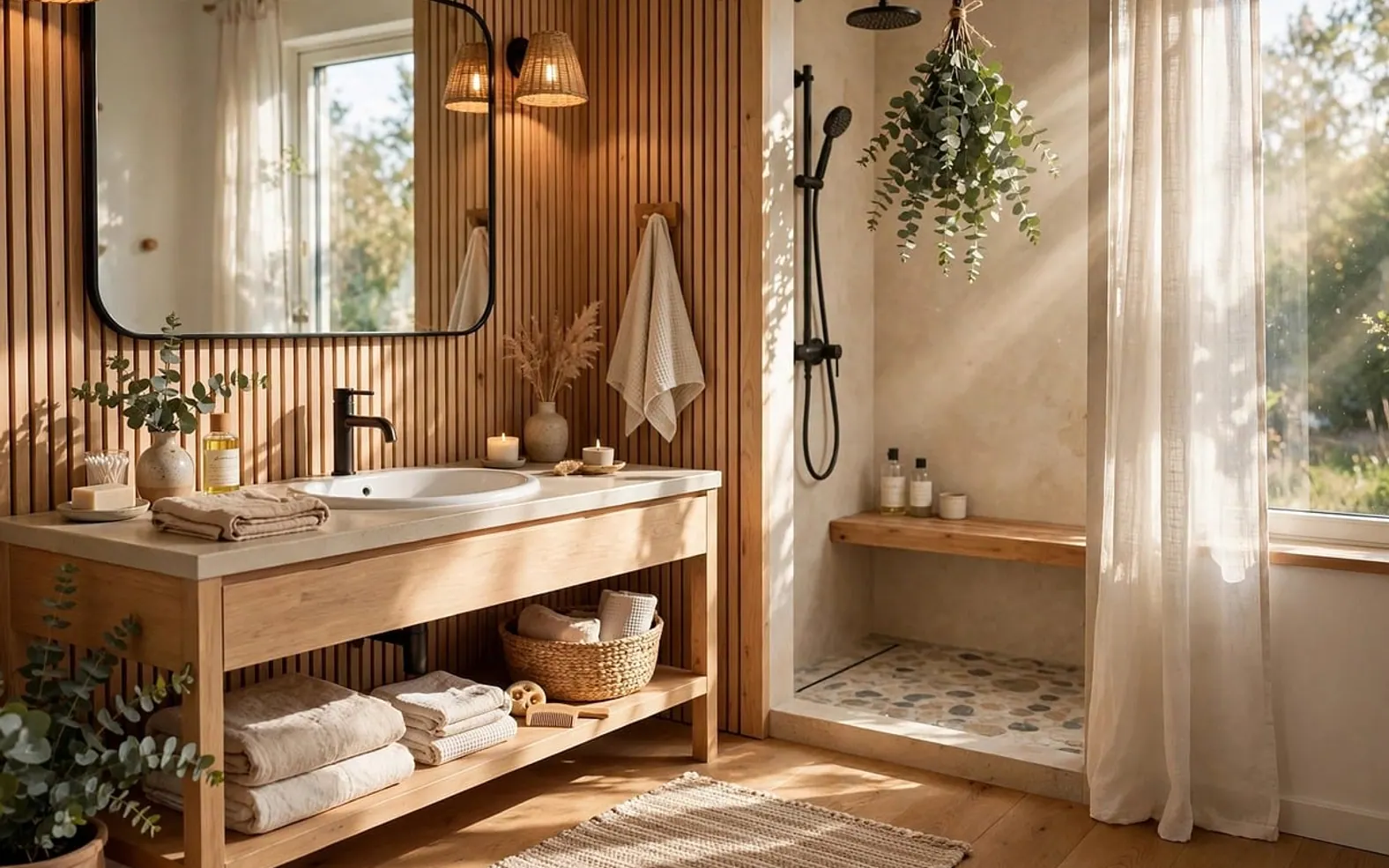 Bathroom, natural light and wooden interior